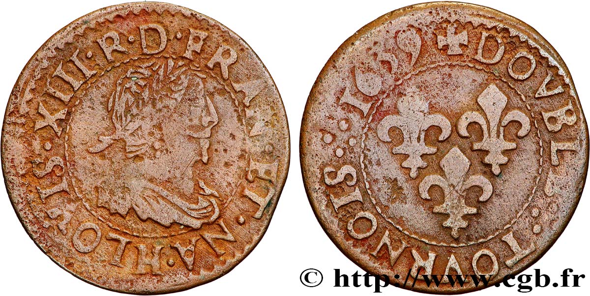 LOUIS XIII LE JUSTE Double tournois, type 14 1639 La Rochelle B+