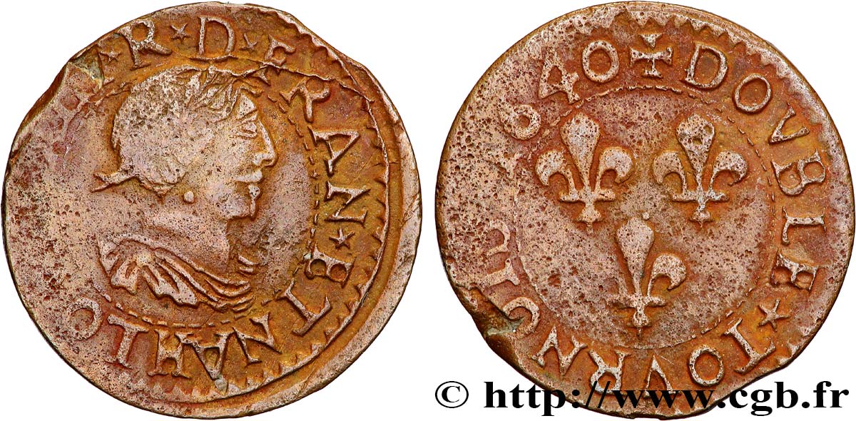 LOUIS XIII LE JUSTE Double tournois, 15e type de La Rochelle 1640 La Rochelle TB+