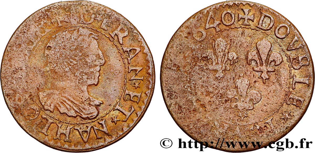 LOUIS XIII LE JUSTE Double tournois, 15e type de La Rochelle 1640 La Rochelle TB