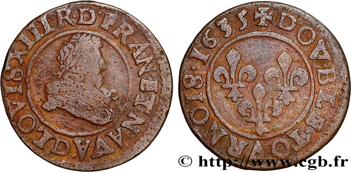LOUIS XIII LE JUSTE Double tournois, type 8 1635 Lyon TB+