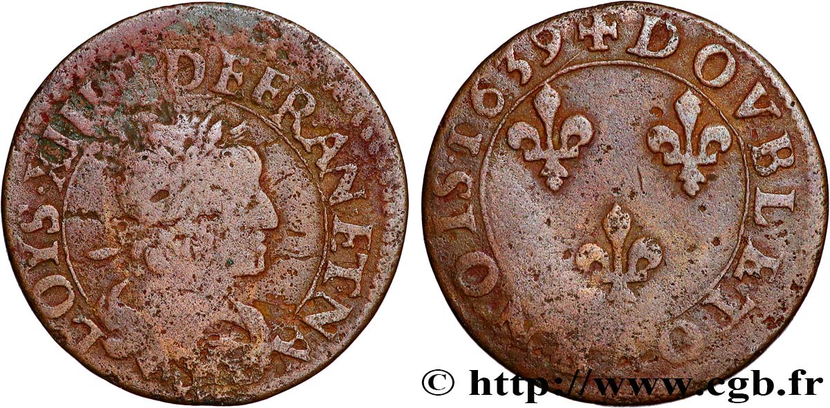 LOUIS XIII LE JUSTE Double tournois, 2e type de Rouen 1639 Rouen B/TB