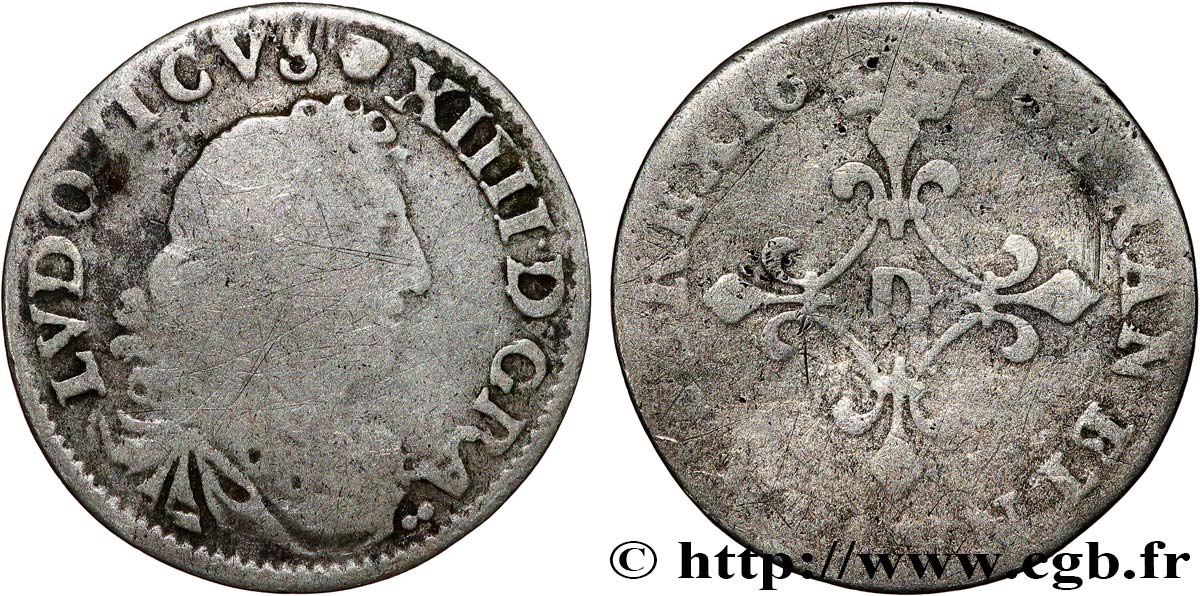 LOUIS XIV LE GRAND OU LE ROI SOLEIL Quatre sols à la croix formée de lis 1676 Vimy-en-Lyonnais (actuellement Neuville-sur-Saône) TB