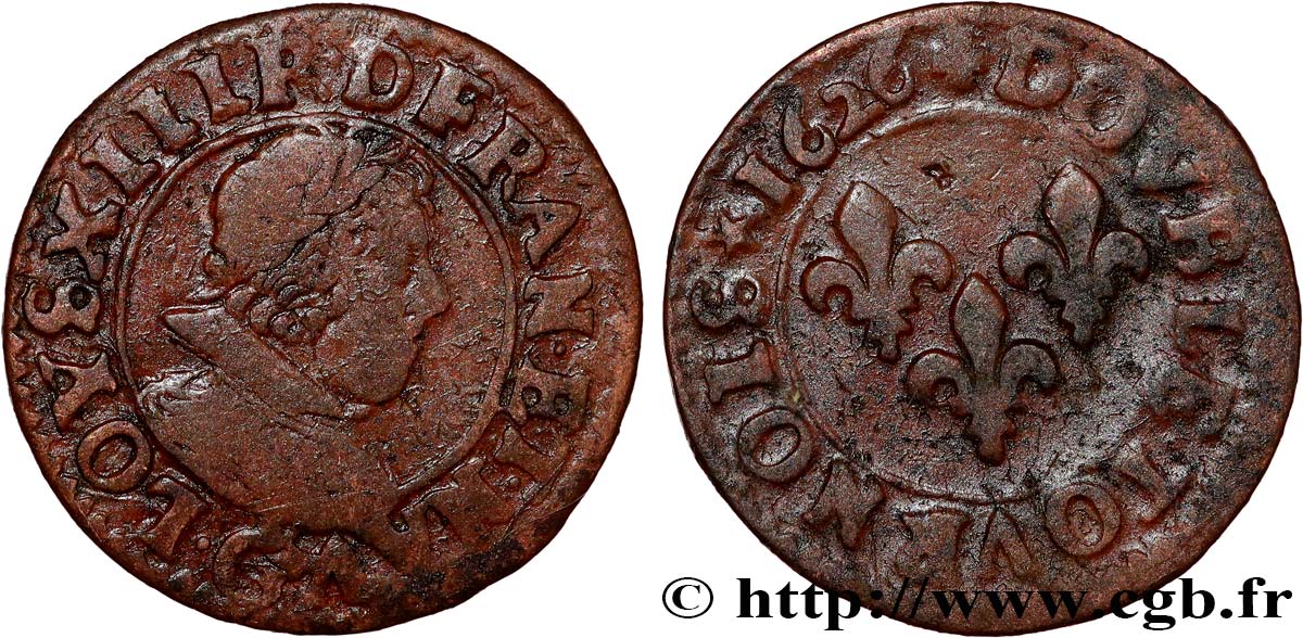 LOUIS XIII  Double tournois, 3e type 1626 Poitiers BC
