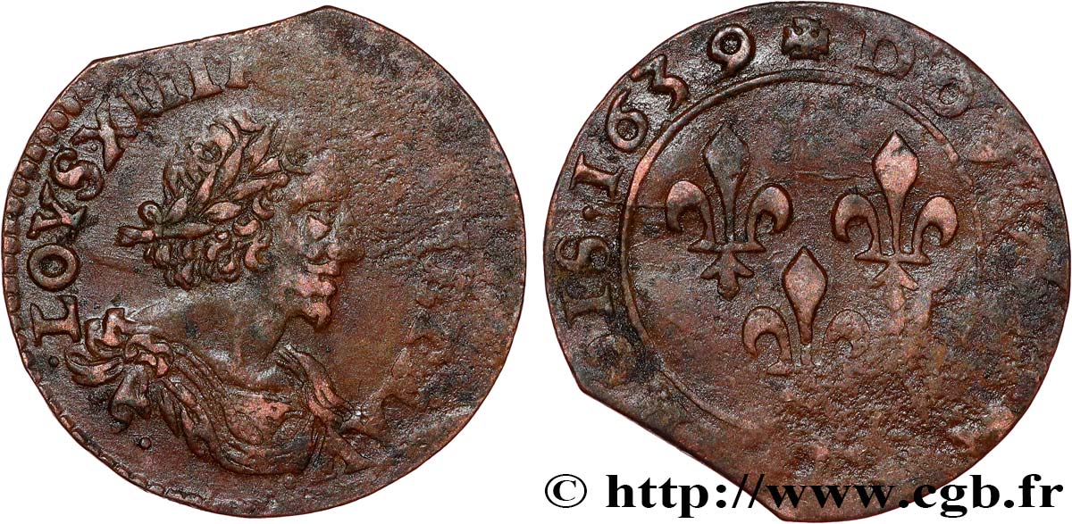 LOUIS XIII LE JUSTE Double tournois, au grand buste viril drapé 1639 Ateliers de l’axe Loire-Rhône TB+