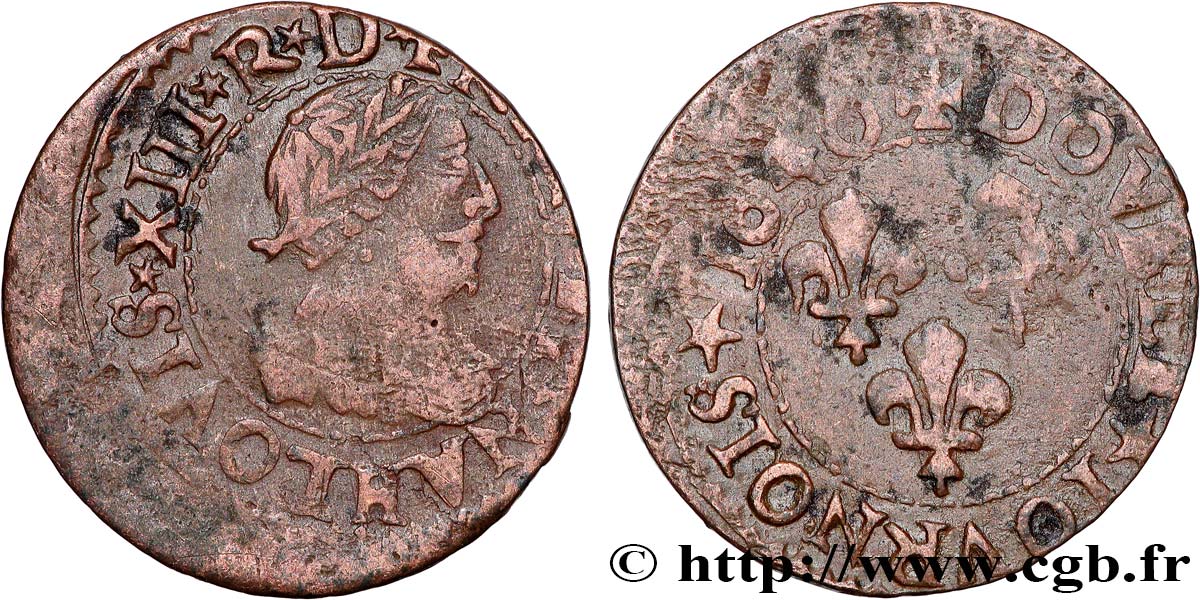 LOUIS XIII LE JUSTE Double tournois, 15e type de La Rochelle 1640 La Rochelle TB+