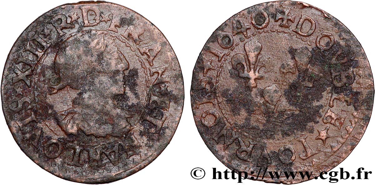 LOUIS XIII LE JUSTE Double tournois, 15e type de La Rochelle 1640 La Rochelle TB+
