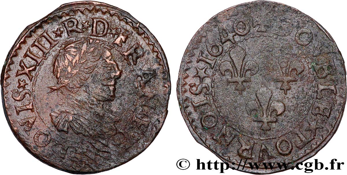 LOUIS XIII LE JUSTE Double tournois, 15e type de La Rochelle 1640 La Rochelle TB+/TTB