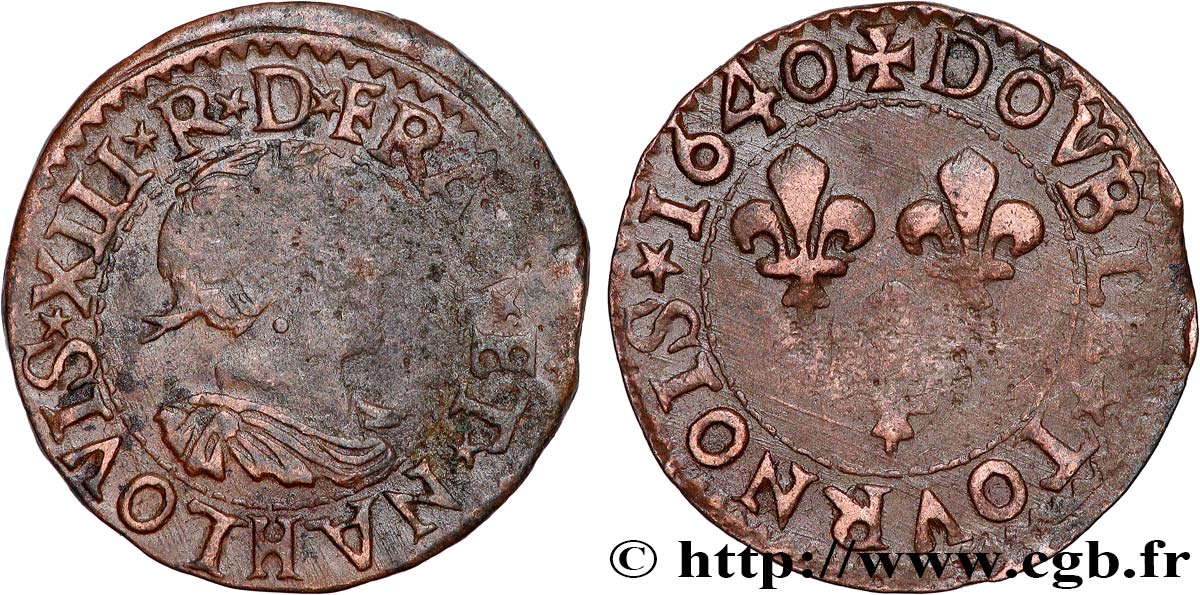 LOUIS XIII LE JUSTE Double tournois, 15e type de La Rochelle 1640 La Rochelle TB+