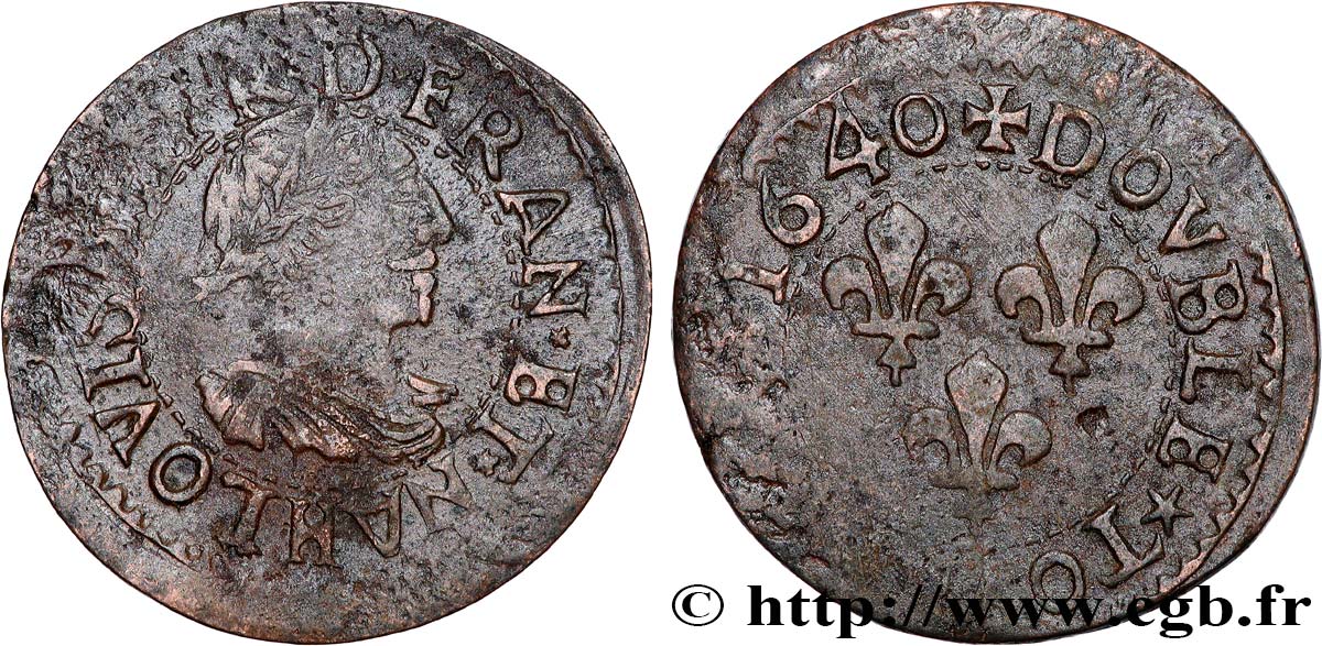 LOUIS XIII LE JUSTE Double tournois, 15e type de La Rochelle 1640 La Rochelle TB+