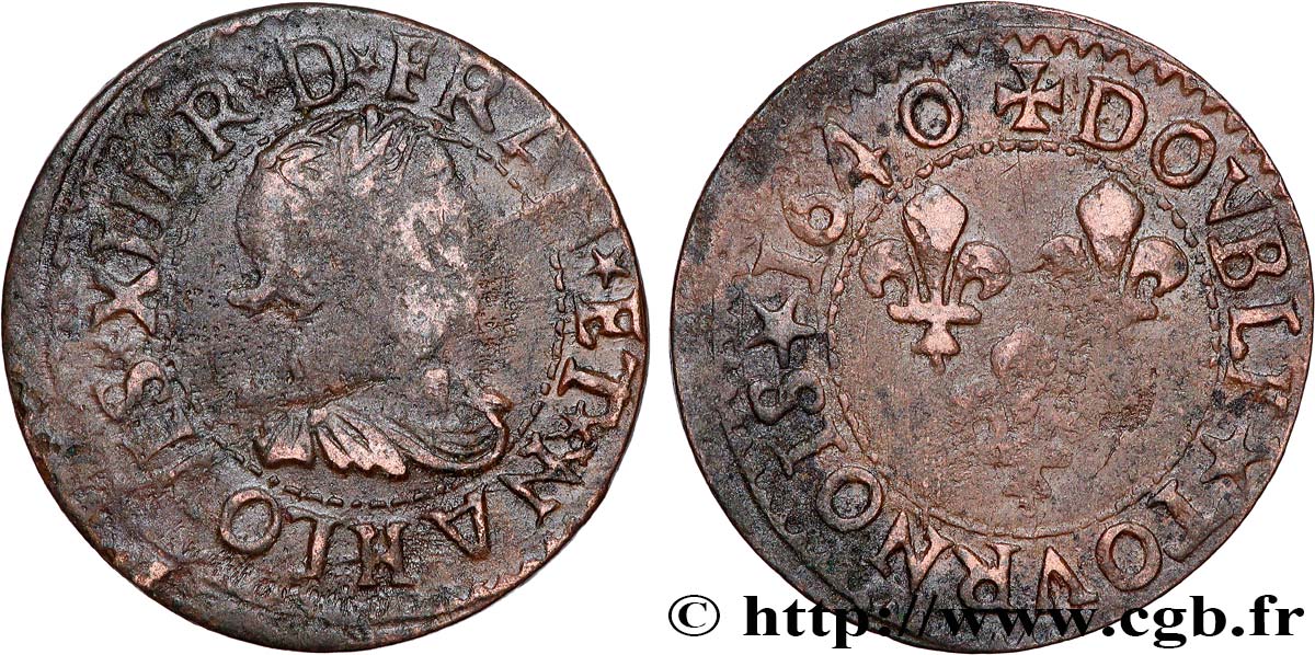 LOUIS XIII LE JUSTE Double tournois, 15e type de La Rochelle 1640 La Rochelle TB+