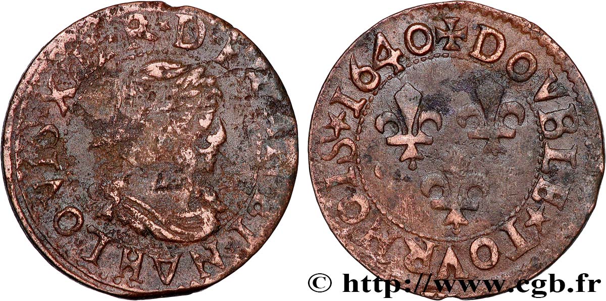 LOUIS XIII LE JUSTE Double tournois, 15e type de La Rochelle 1640 La Rochelle TB+
