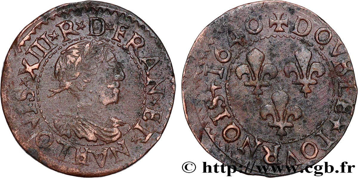 LOUIS XIII LE JUSTE Double tournois, 15e type de La Rochelle 1640 La Rochelle TB+