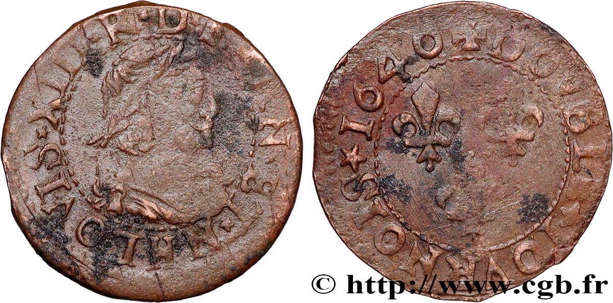 LOUIS XIII LE JUSTE Double tournois, 15e type de La Rochelle 1640 La Rochelle TB+