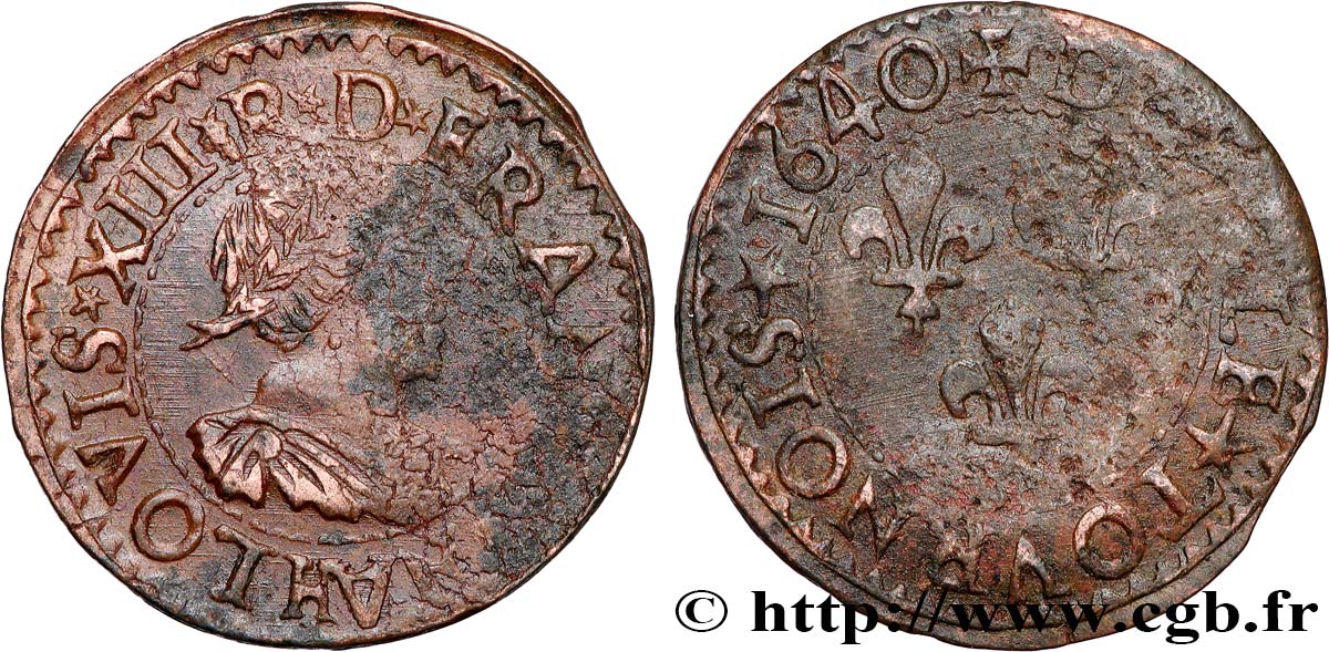 LOUIS XIII LE JUSTE Double tournois, 15e type de La Rochelle 1640 La Rochelle TB+