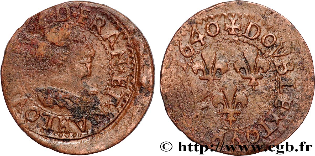 LOUIS XIII LE JUSTE Double tournois, 15e type de La Rochelle 1640 La Rochelle TTB