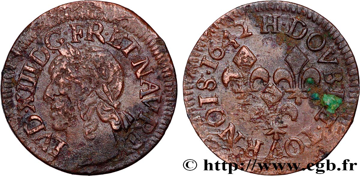 LOUIS XIII LE JUSTE Double tournois, type de Warin 1642 La Rochelle TB+