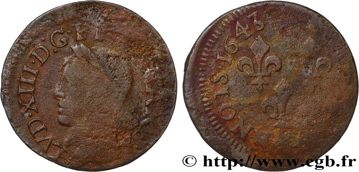 LOUIS XIII LE JUSTE Double tournois, type de Warin 1643 B+/B