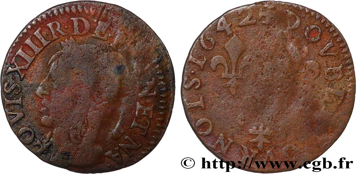 LOUIS XIII LE JUSTE Double tournois, type de Warin 1642 B+/B