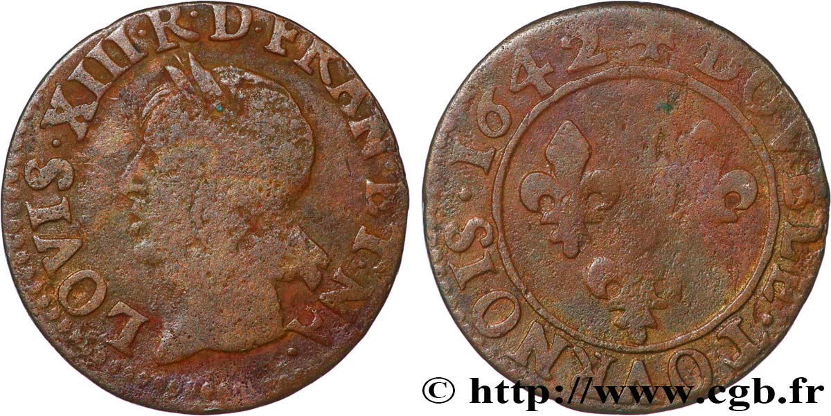 LOUIS XIII LE JUSTE Double tournois, type de Warin 1642 TB