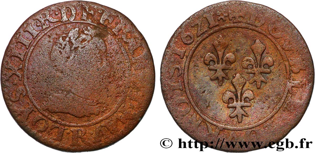 LOUIS XIII LE JUSTE Double tournois, type 3 1621 Saint-André de Villeneuve-lès-Avignon B/B+
