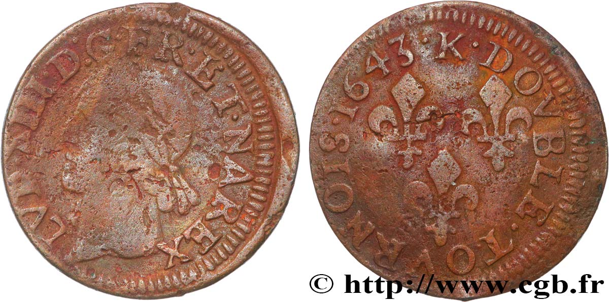 LOUIS XIII LE JUSTE Double tournois, type de Warin 1643 Bordeaux TB