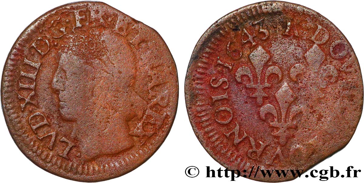 LOUIS XIII LE JUSTE Double tournois, type de Warin 1643 Bordeaux TB+