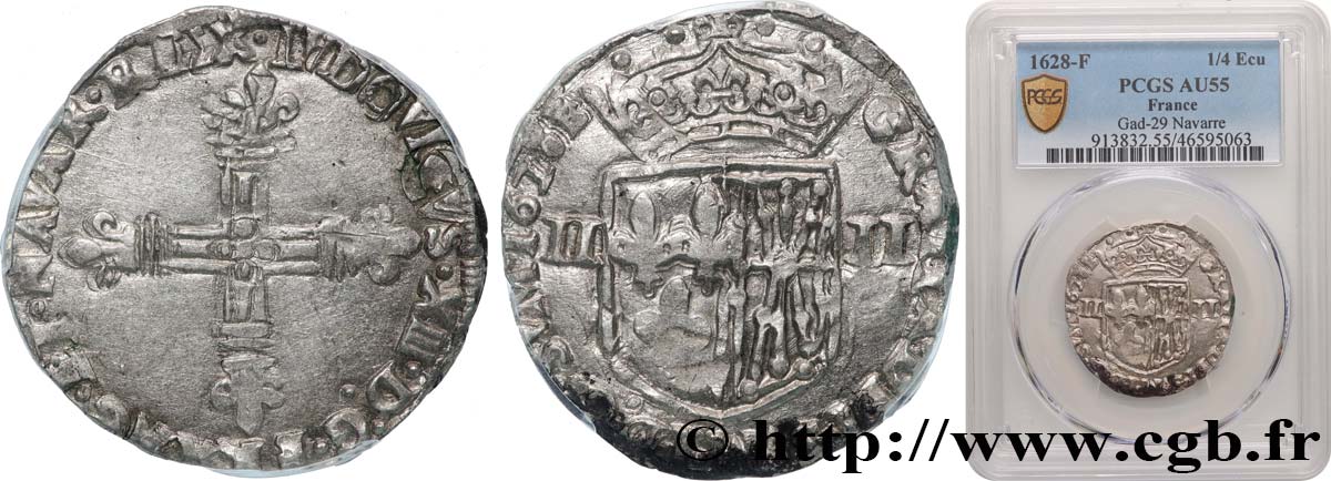 LOUIS XIII Quart d écu de Navarre 1628 Saint-Palais AU55