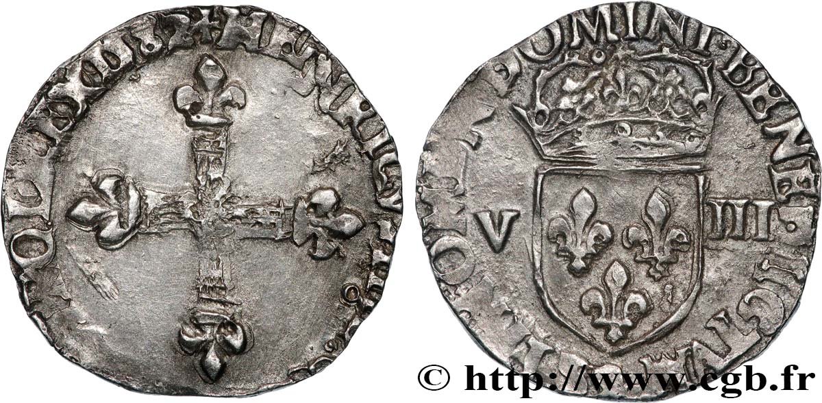 HENRY III Huitième d écu, croix de face 1582 Rennes q.BB/BB