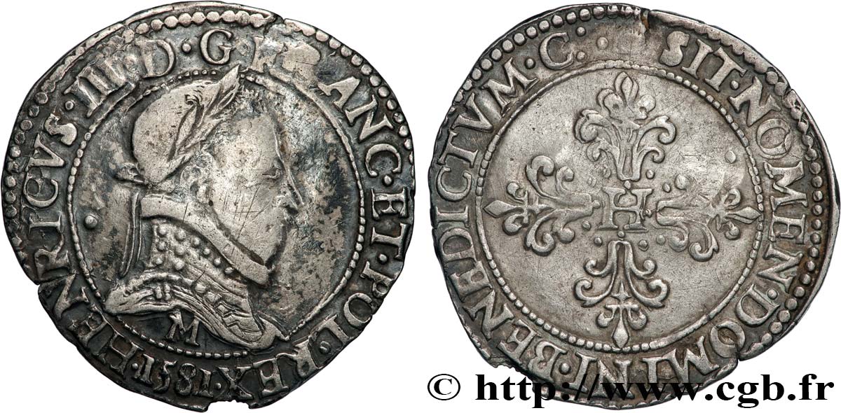 HENRY III Demi-franc au col plat 1581 Toulouse VF/XF