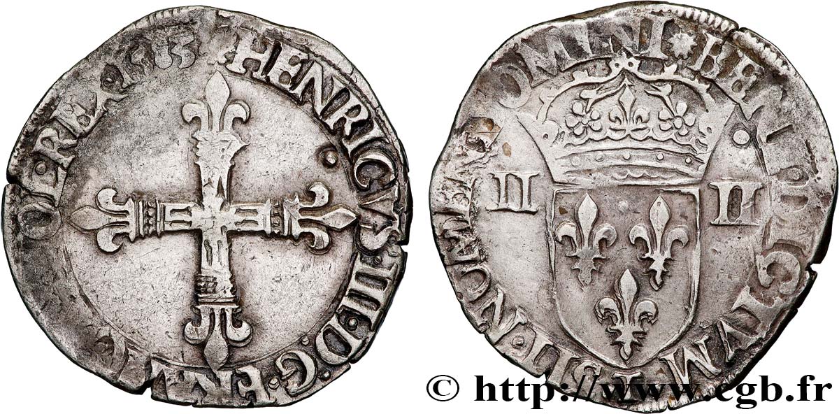 HENRY III Quart d écu, croix de face 1583 Nantes VF/XF