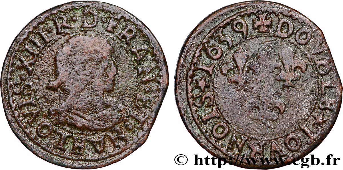 LOUIS XIII LE JUSTE Double tournois, type 14 1639 La Rochelle B+