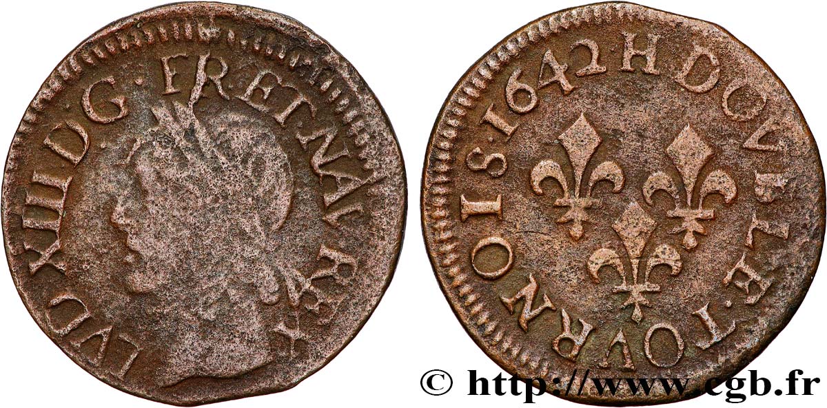 LOUIS XIII Double tournois, type de Warin 1642 La Rochelle SS
