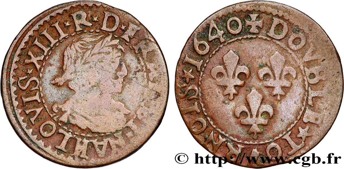 LOUIS XIII LE JUSTE Double tournois, 15e type de La Rochelle 1640 La Rochelle TB+