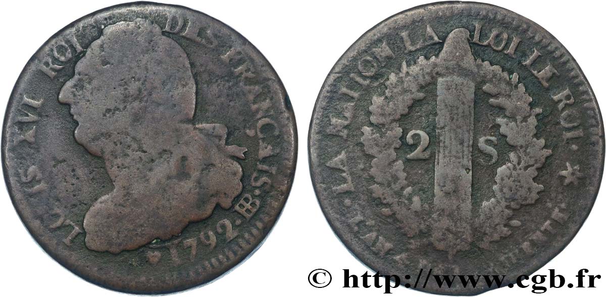 LOUIS XVI (MONARQUE CONSTITUTIONNEL) 2 sols dit au faisceau , type FRANÇAIS 1792 Strasbourg TB