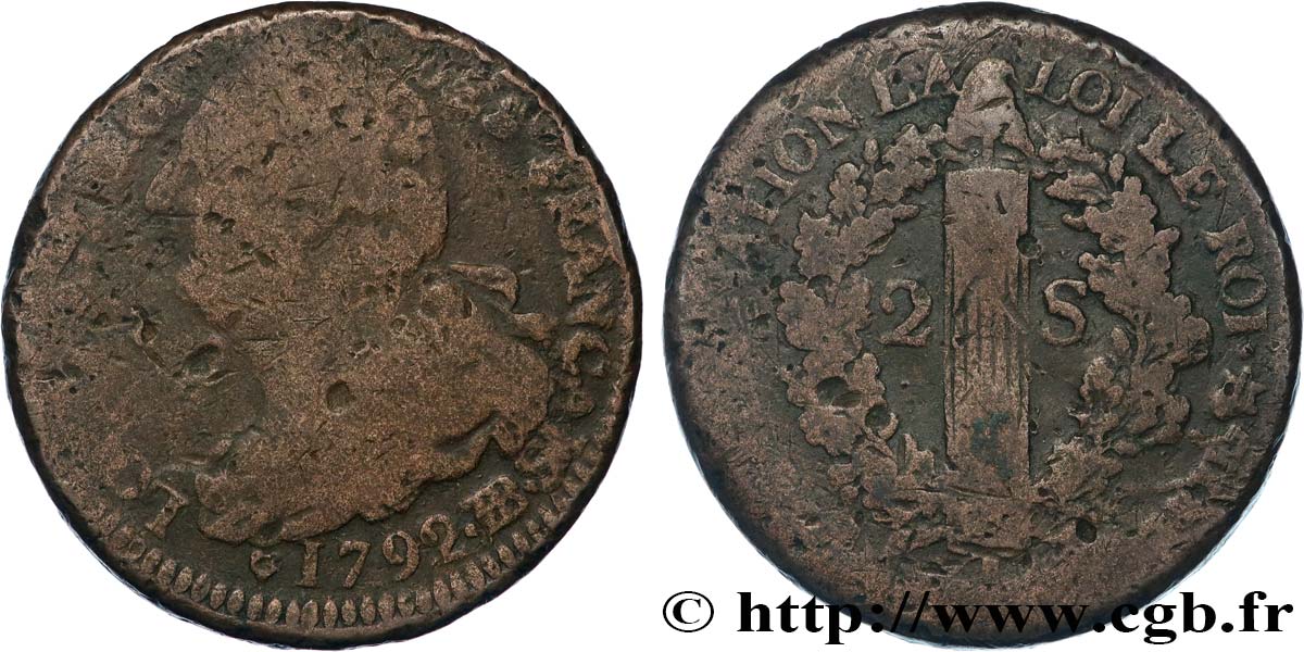 LOUIS XVI (MONARQUE CONSTITUTIONNEL) 2 sols dit au faisceau , type FRANÇAIS 1792 Strasbourg TB