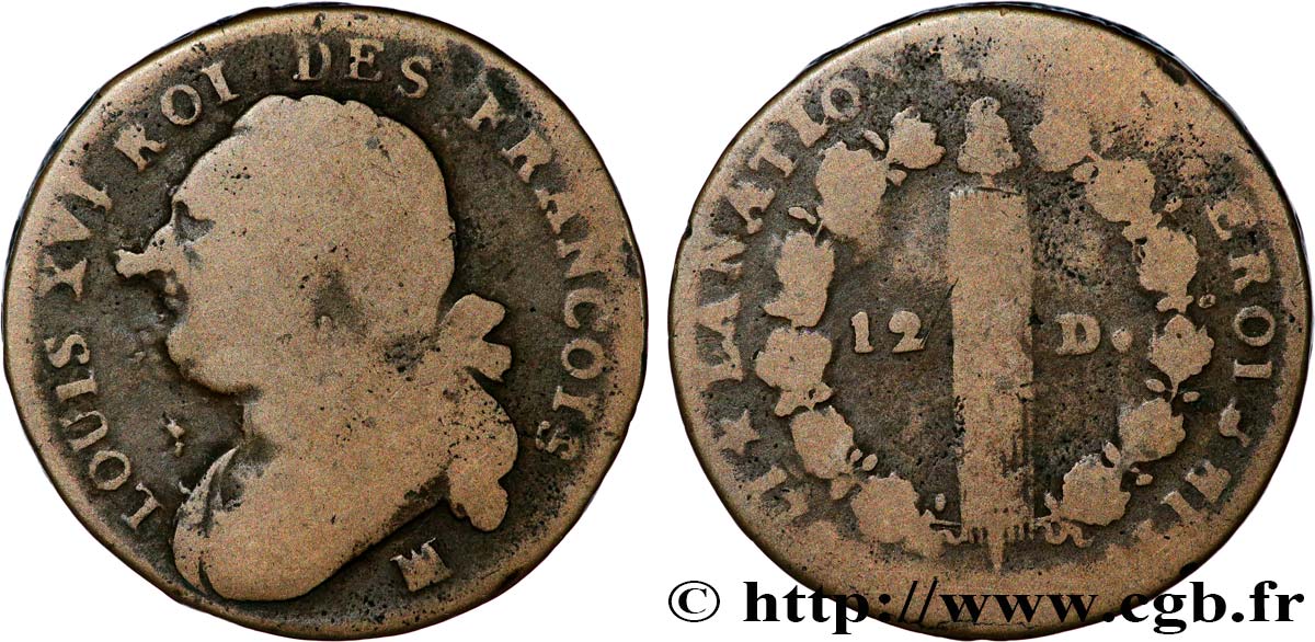 LOUIS XVI (MONARQUE CONSTITUTIONNEL) 12 deniers dit au faisceau , type FRANÇOIS 1793 Marseille TB