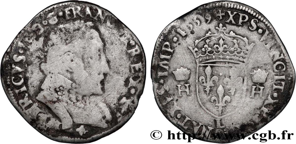 FRANCIS II. COINAGE IN THE NAME OF HENRY II Teston au buste lauré, 2e type 1559 Bayonne VF/VF