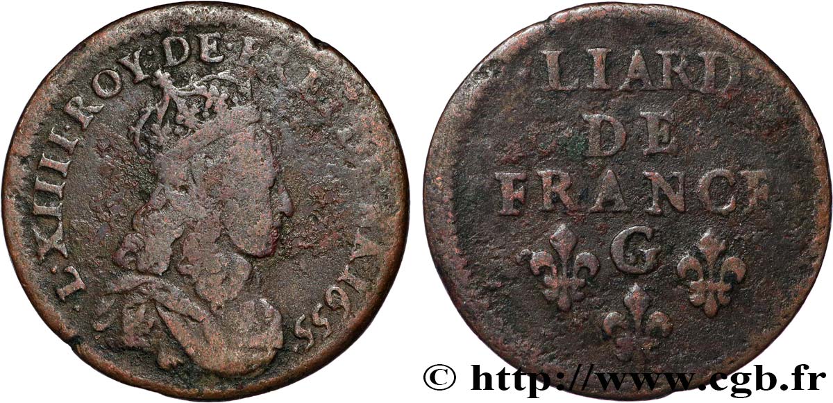 LOUIS XIV LE GRAND OU LE ROI SOLEIL Liard de cuivre, 2e type 1655 Montreuil-Bonnin TB