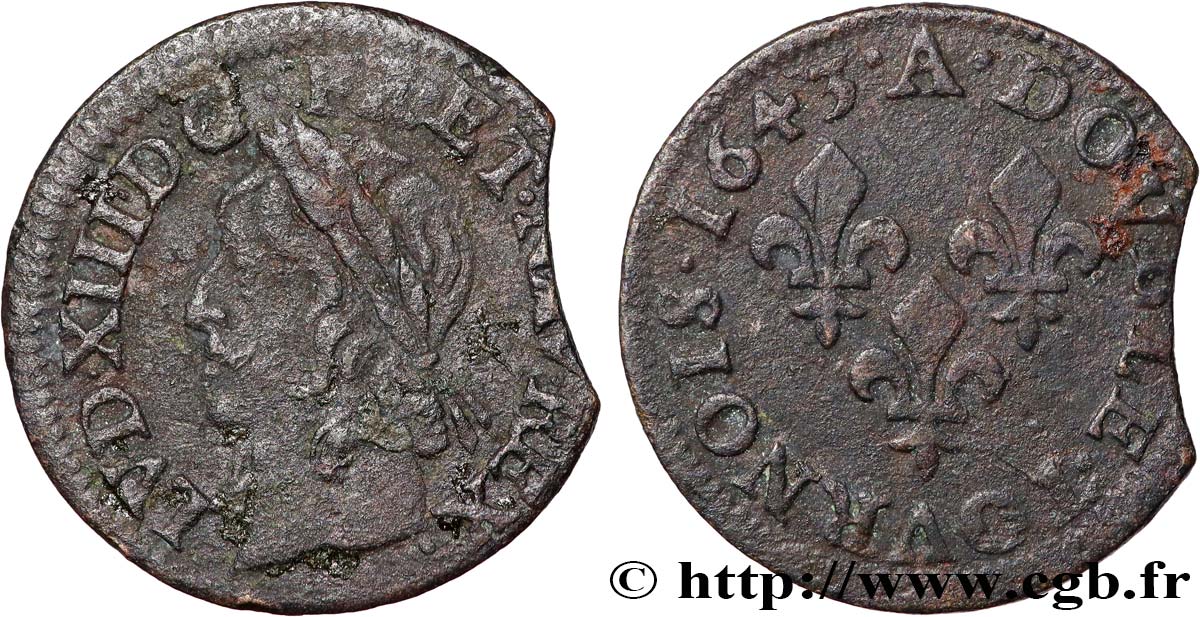 LOUIS XIII LE JUSTE Double tournois, type de Warin 1643 Corbeil TB+