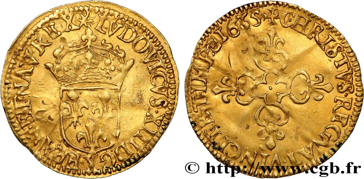 LOUIS XIII  Demi-écu d or au soleil, à la croix anillée fleurdelisée 1635 Amiens q.SPL