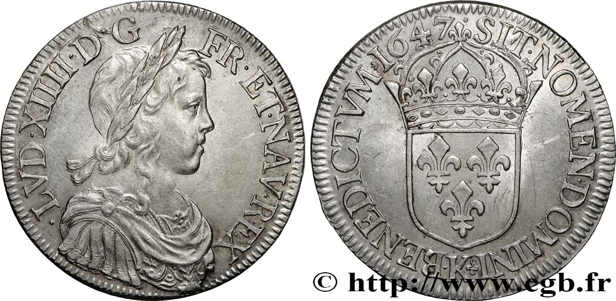 LOUIS XIV  THE SUN KING  Écu, portrait à la mèche longue 1647 Bordeaux AU/MS