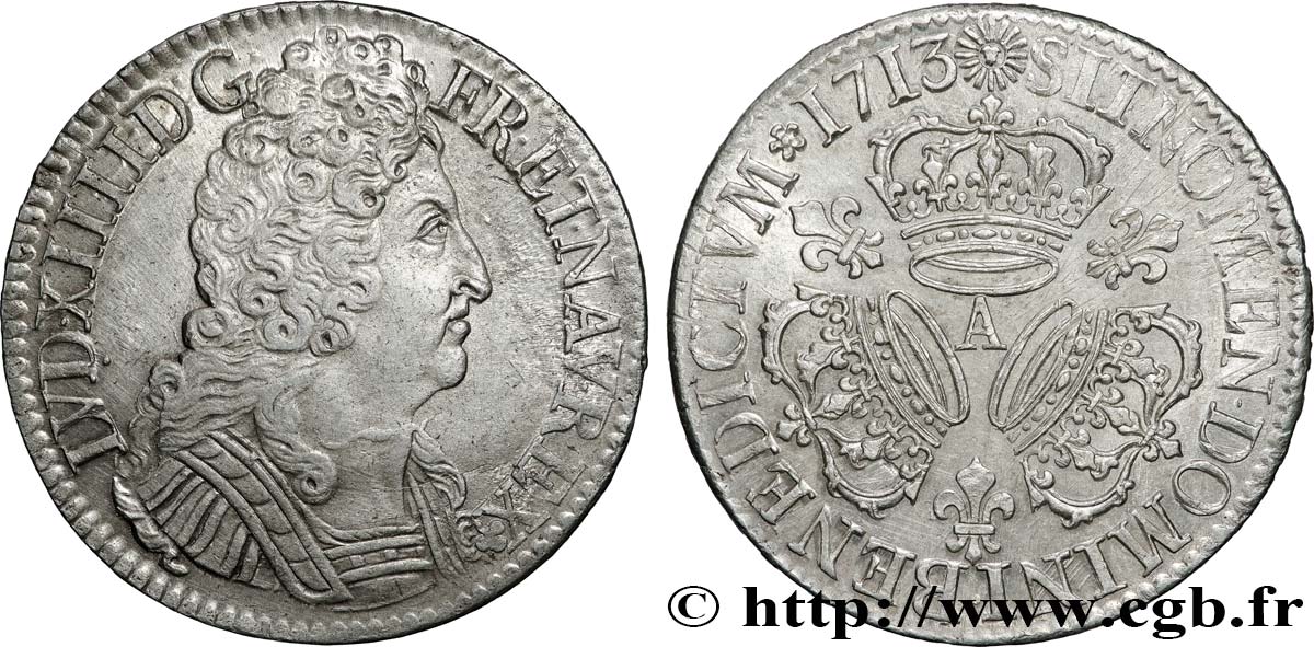 LOUIS XIV  THE SUN KING  Écu aux trois couronnes 1713 Paris AU/MS