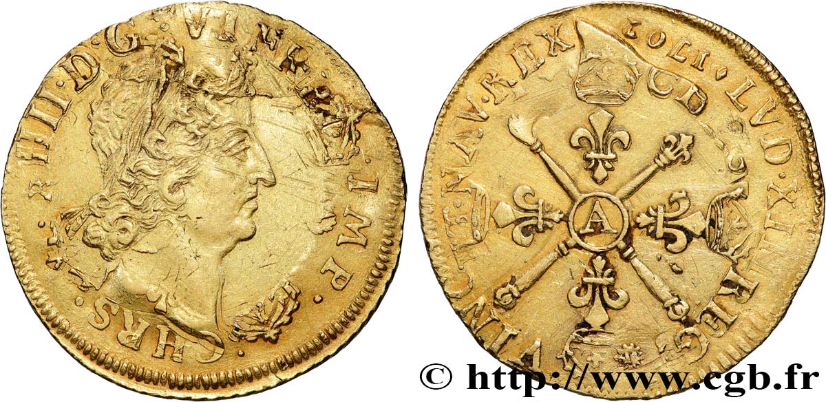 LOUIS XIV  THE SUN KING  Double louis d or aux insignes, portrait aux cheveux courts n.d. Paris BB