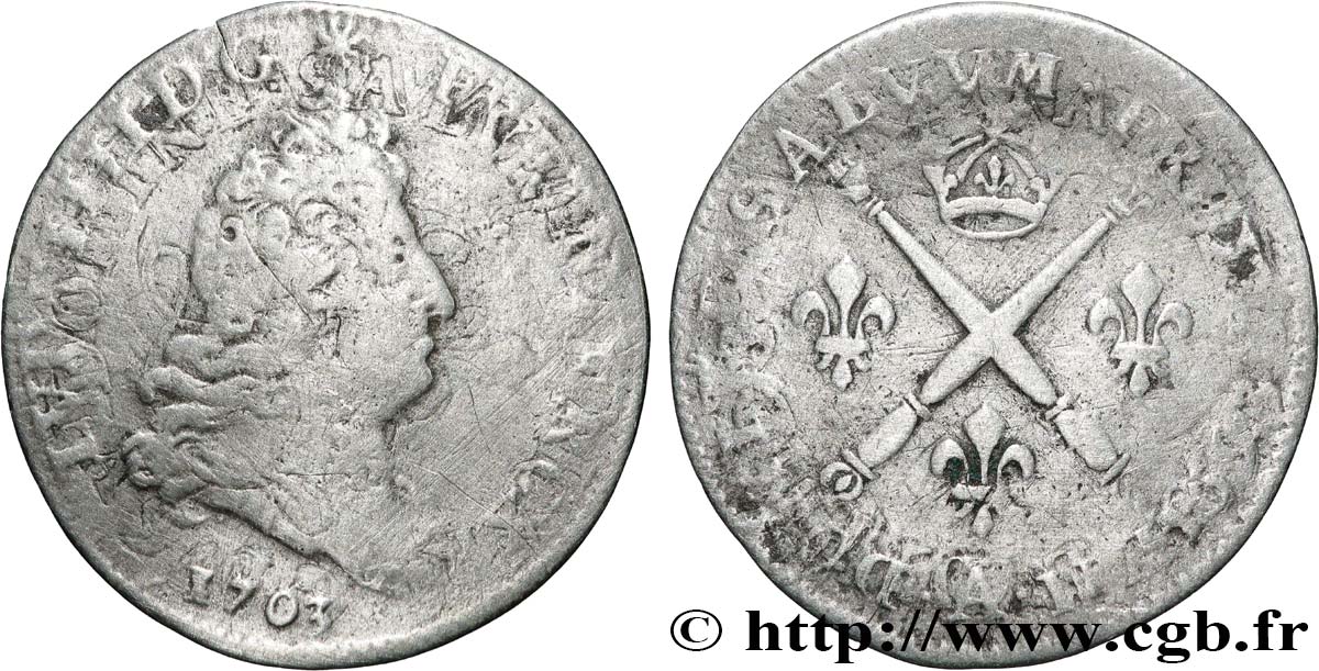 LOUIS XIV LE GRAND OU LE ROI SOLEIL Cinq sols aux insignes 1703 Paris B+