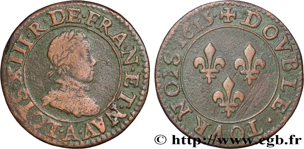 LOUIS XIII LE JUSTE Double tournois, type 1 1615 Paris, Moulin du Louvre TB+