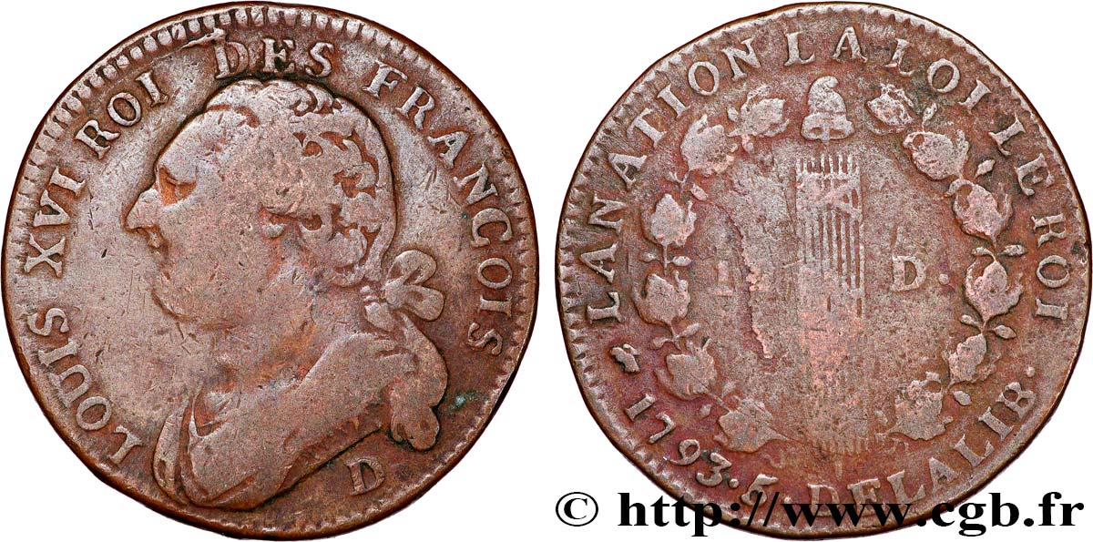 LOUIS XVI (MONARQUE CONSTITUTIONNEL) 12 deniers dit au faisceau , type FRANCOIS 1793 Lyon TB+