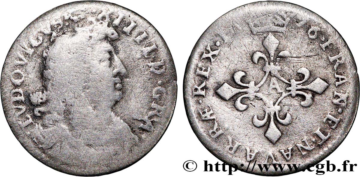 LOUIS XIV LE GRAND OU LE ROI SOLEIL Quatre sols à la croix formée de lis 1676 Paris TB/TB+