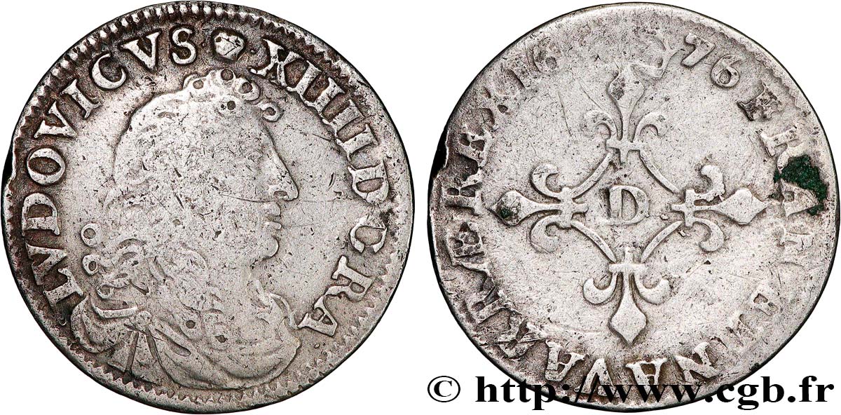 LOUIS XIV LE GRAND OU LE ROI SOLEIL Quatre sols à la croix formée de lis 1676 Vimy-en-Lyonnais (actuellement Neuville-sur-Saône) TTB