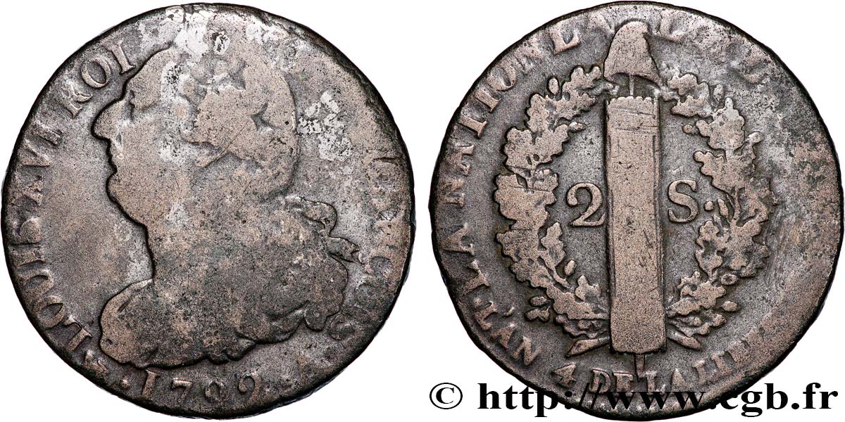 LOUIS XVI (MONARQUE CONSTITUTIONNEL) 2 sols dit au faisceau , type FRANÇOIS 1792 Paris B+