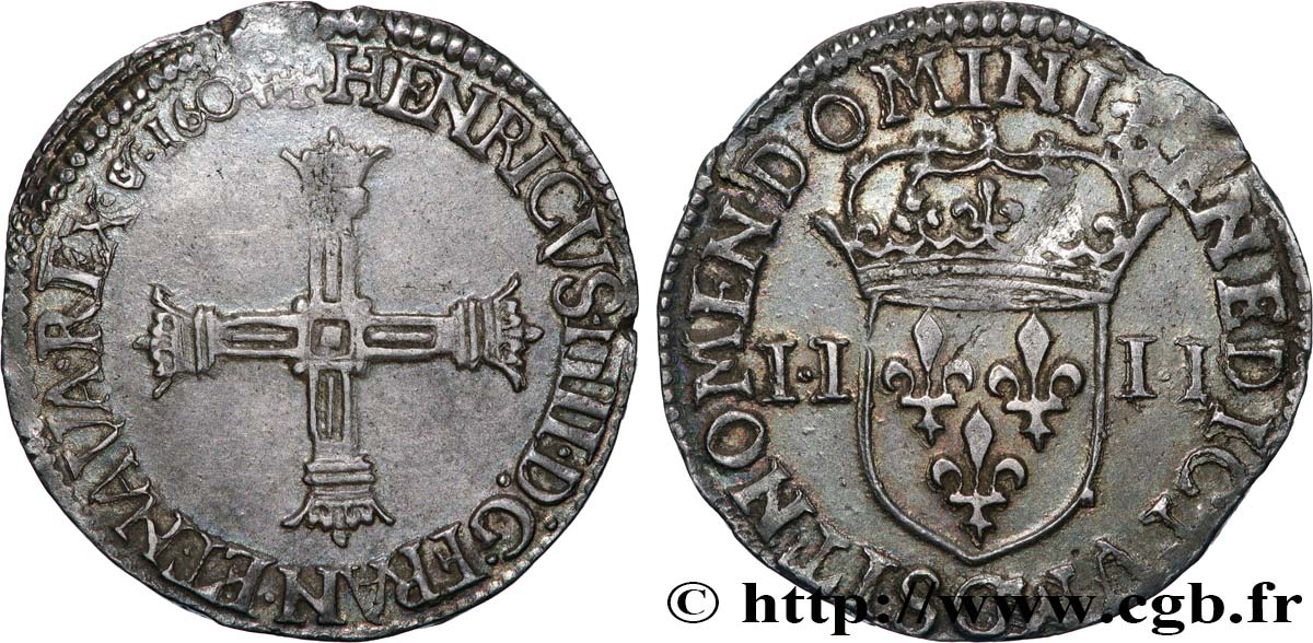 HENRI IV LE GRAND Quart d écu, croix batonnée et couronnée de face 1604 Saint-Lô TTB+/SUP
